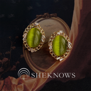 14k Olive Green Glass Cat's Eye Oval Earrings
