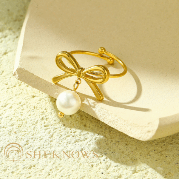 18k bow pearl ring titanium steel open ring