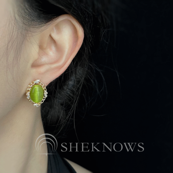 14k Olive Green Glass Cat's Eye Oval Earrings - Image 2