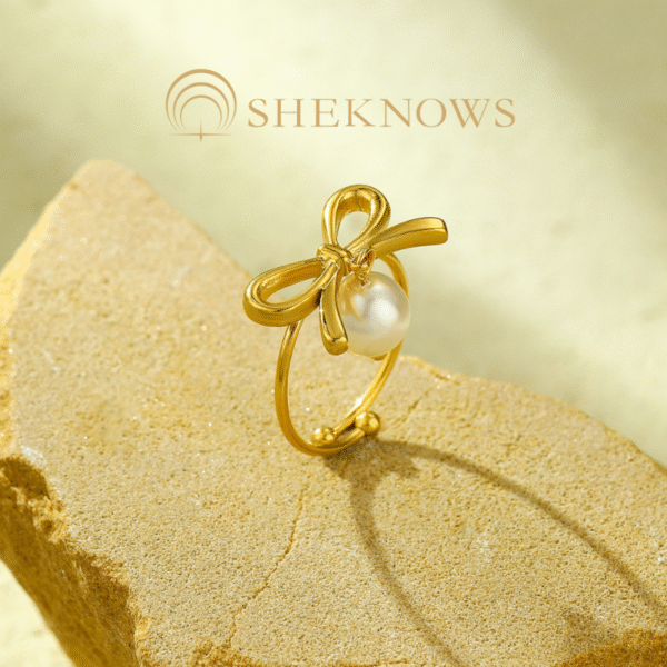 18k bow pearl ring titanium steel open ring - Image 4