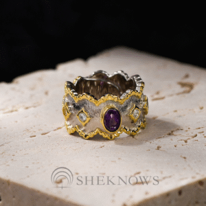 S925 silver inlaid amethyst contrast gold ring