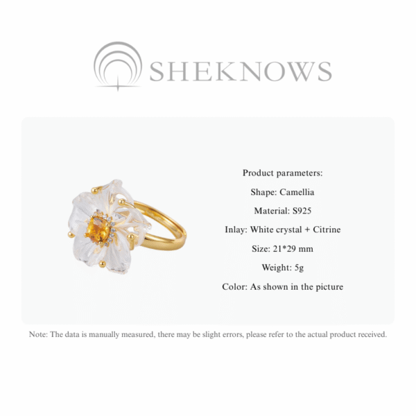 S925 White Crystal Citrine Camellia Adjustable Ring - Image 3
