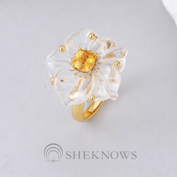 S925 White Crystal Citrine Camellia Adjustable Ring