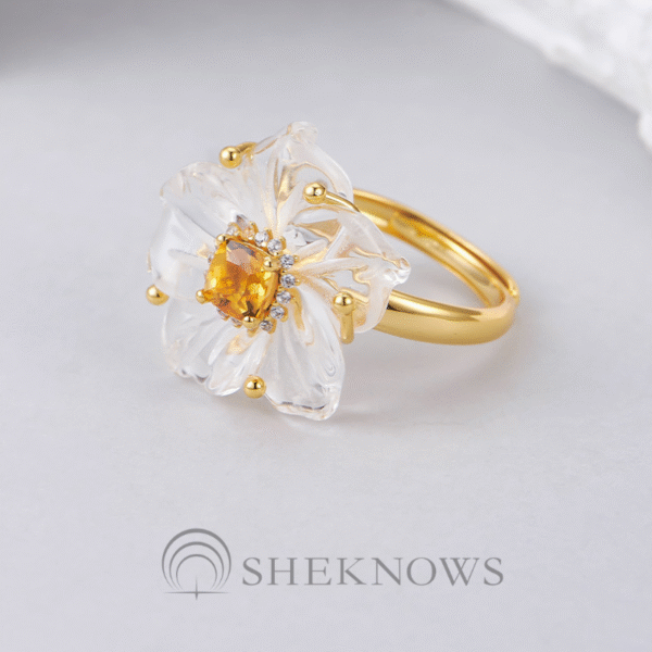 S925 White Crystal Citrine Camellia Adjustable Ring - Image 4