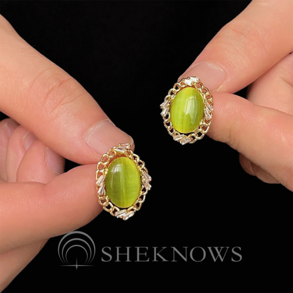 14k Olive Green Glass Cat's Eye Oval Earrings - Image 3