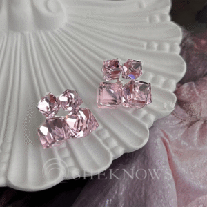 vintage pink glass crystal geometric sugar cube earrings