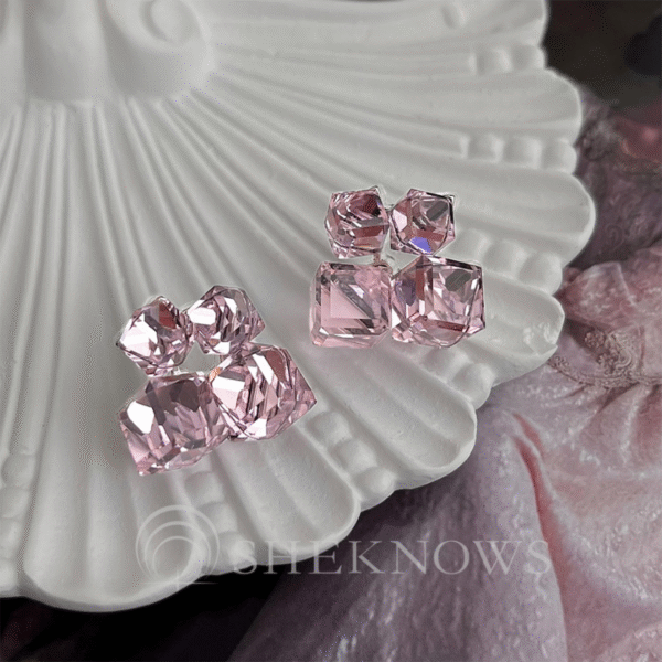 vintage pink glass crystal geometric sugar cube earrings