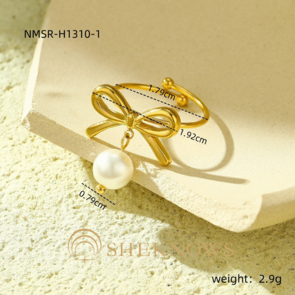 18k bow pearl ring titanium steel open ring - Image 2