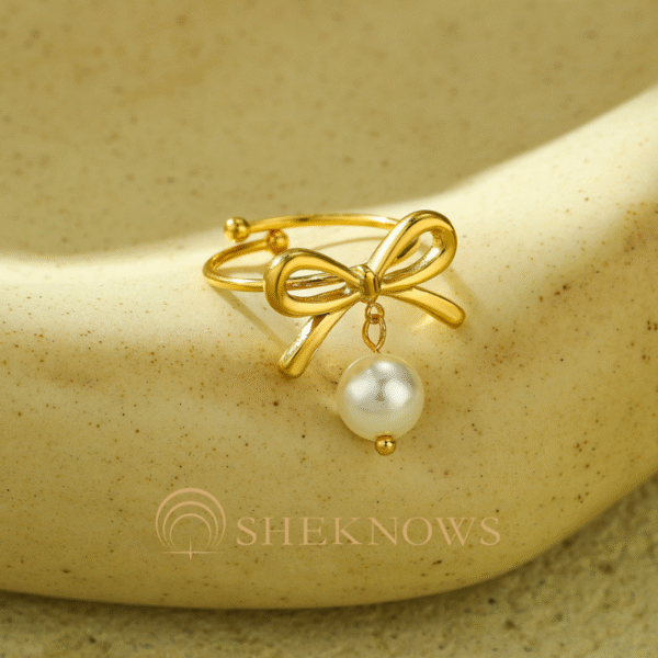 18k bow pearl ring titanium steel open ring - Image 3