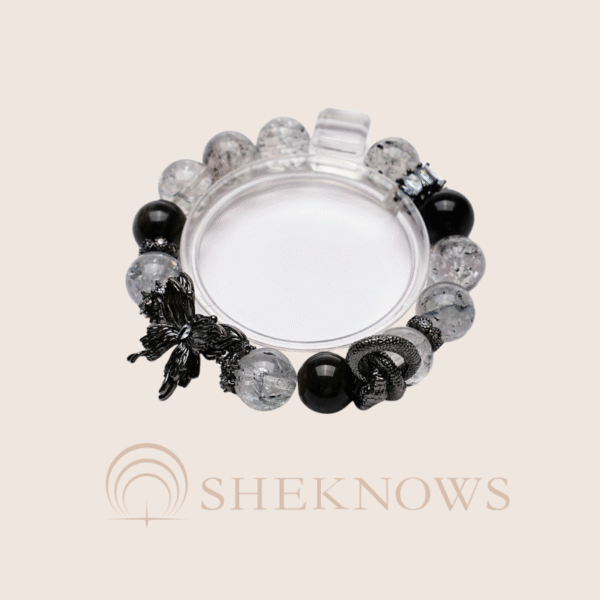 Natural crystal with silver obsidian sparkling diamond black butterfly design bracelet