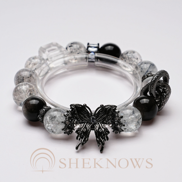 Natural crystal with silver obsidian sparkling diamond black butterfly design bracelet - Image 2