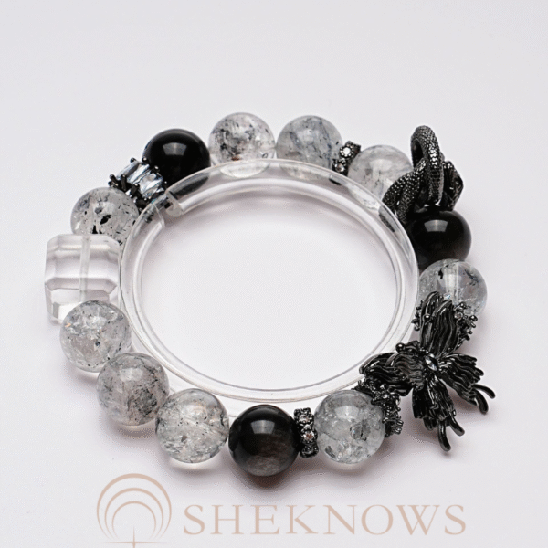 Natural crystal with silver obsidian sparkling diamond black butterfly design bracelet - Image 3