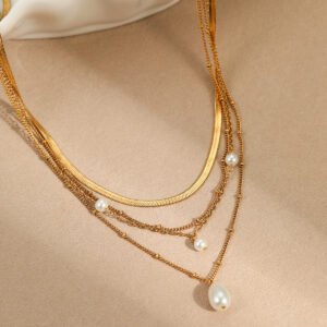 Water drop imitation pearl tassel pendant multi-layered necklace